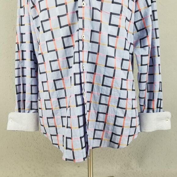 Bugatchi Uomo Shirt Mens Large Blue Multicolor Plaid Classic Fit Contrast Cuff - Picture 3 of 13